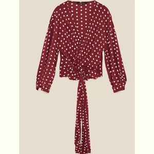 Zara Polka Dot Wrap Tie Blouse Maroon XS